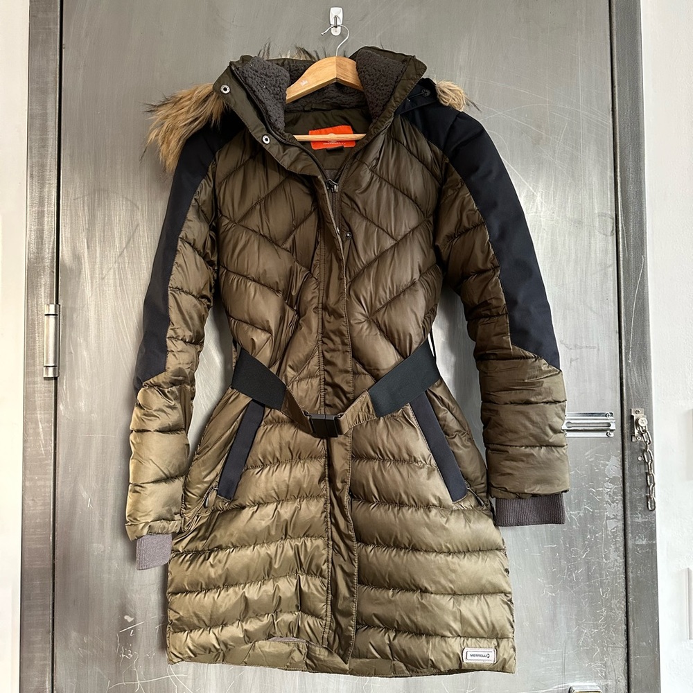 Olive Green Merrell Women’s winter parka jacket.